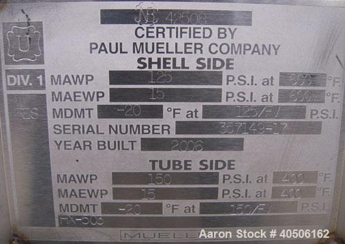 Unused- Mueller 2 Pass Shell and Tube Heat Exchanger, 101 square feet, horizontal. STI Tema Type BEM, Tema Size 6-240, Tema Class C. 304 stainless steel shell rated 125 psi at 600 deg F and -20 deg F...