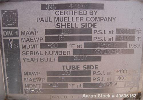 Unused- Mueller 2 Pass Shell and Tube Heat Exchanger, 101 square feet, horizontal. STI Tema Type BEM, Tema Size 6-240, Tema Class C. 304 stainless steel shell rated 125 psi at 600 deg F and -20 deg F...