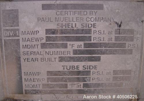 Unused- Mueller 2 Pass Shell and Tube Heat Exchanger, 101 Square Feet, Horizontal. STI Tema Type BEM, Tema Size 6-240, Tema Class C. 304 stainless steel shell rated 125 psi at 600 deg F and -20 deg F...