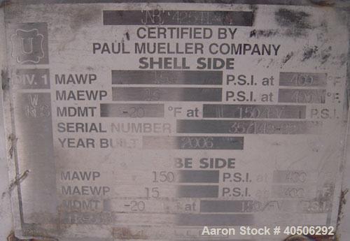 Unused- Mueller 4 Pass Shell And Tube Heat Exchanger, 9 square feet, Horizontal. Tema Type BEM, Tema Size 6-48, Tema Class C. 304 stainless steel shell rated 150 psi at 400 deg.f., and -20 deg.f. at ...