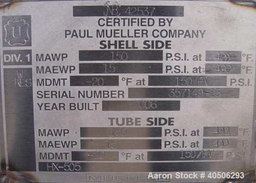 Unused- Mueller 4 Pass Shell And Tube Heat Exchanger, 9 square feet, Horizontal. Tema Type BEM, Tema Size 6-48, Tema Class C...