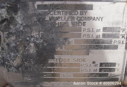 Unused- Mueller 4 Pass Shell And Tube Heat Exchanger, 9 square feet, Horizontal. Tema Type BEM, Tema Size 6-48, Tema Class C. 304 stainless steel shell rated 150 psi at 400 deg.f., and -20 deg.f. at ...