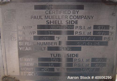Unused- Mueller 4 Pass Shell And Tube Heat Exchanger, 9 square feet, Horizontal. Tema Type BEM, Tema Size 6-48, Tema Class C. 304 stainless steel shell rated 150 psi at 400 deg.f., and -20 deg.f. at ...