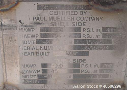 Unused- Mueller 4 Pass Shell And Tube Heat Exchanger, 9 square feet, Horizontal. Tema Type BEM, Tema Size 6-48, Tema Class C. 304 stainless steel shell rated 150 psi at 400 deg.f., and -20 deg.f. at ...