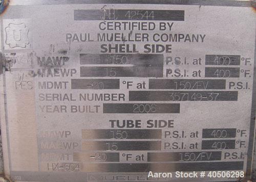 Unused- Mueller 4 Pass Shell And Tube Heat Exchanger, 9 Square Feet, Horizontal. STI Tema Type BEM, Tema Size 6-48, Tema Class C. 304 stainless steel shell rated 150 psi at 400 deg.f., and -20 deg.f....