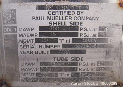 Unused- Mueller 4 Pass Shell And Tube Heat Exchanger, 9 Square Feet, Horizontal. STI Tema Type BEM, Tema Size 6-48, Tema Class C. 304 stainless steel shell rated 150 psi at 400 deg.f., and -20 deg.f....