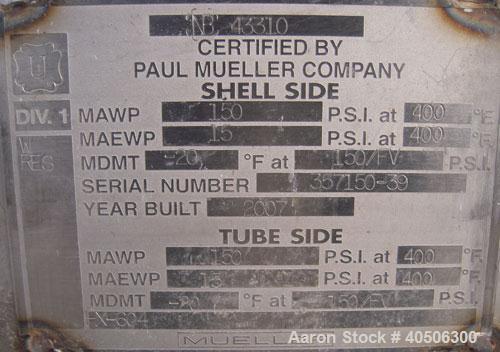 Unused- Mueller 4 Pass Shell And Tube Heat Exchanger, 9 Square Feet, Horizontal. STI Tema Type BEM, Tema Size 6-48, Tema Class C. 304 stainless steel shell rated 150 psi at 400 deg.f., and -20 deg.f....