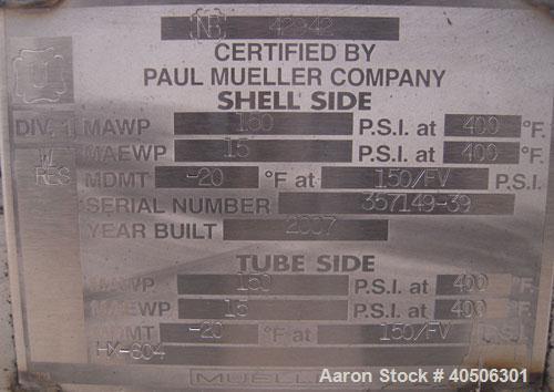 Unused- Mueller 4 Pass Shell And Tube Heat Exchanger, 9 Square Feet, Horizontal. STI Tema Type BEM, Tema Size 6-48, Tema Class C. 304 stainless steel shell rated 150 psi at 400 deg.f., and -20 deg.f....