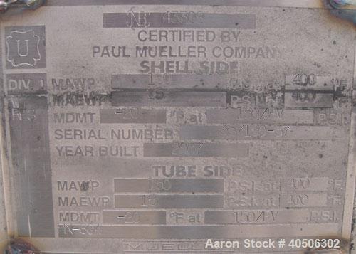 Unused- Mueller 4 Pass Shell and Tube Heat Exchanger, 9 Square Feet, Horizontal. STI Tema Type BEM, Tema Size 6-48, Tema Class C. 304 stainless steel shell rated 150 psi at 400 deg F and -20 deg F at...