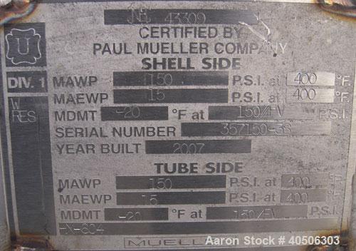Unused- Mueller 4 Pass Shell and Tube Heat Exchanger, 9 Square Feet, Horizontal. STI Tema Type BEM, Tema Size 6-48, Tema Class C. 304 stainless steel shell rated 150 psi at 400 deg F and -20 deg F at...