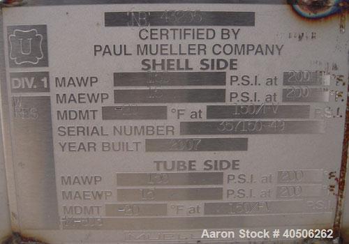 Unused- Mueller Single Pass Shell and Tube Heat Exchanger, 42 square feet, horizontal. Tema Type BEM, Tema Size 6-96, Tema Class C. 304 stainless steel shell rated 150 psi at 200 deg F and -20 deg F ...