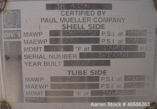 Unused- Mueller Single Pass Shell snd Tube Heat Exchanger, 42 square feet, horizontal. Tema Type BEM, Tema Size 6-96, Tema Class C. 304 stainless steel shell rated 150 psi at 200 deg F and -20 deg F ...