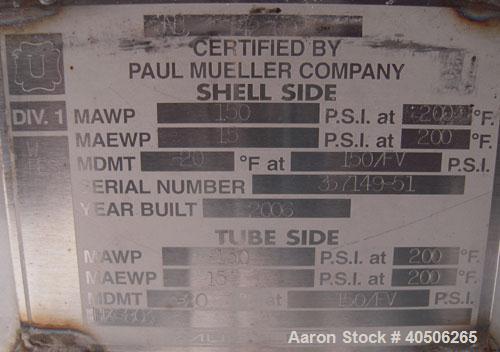 Unused- Mueller Single Pass Shell and Tube Heat Exchanger, 42 square feet, horizontal. Tema Type BEM, Tema Size 6-96, Tema C...