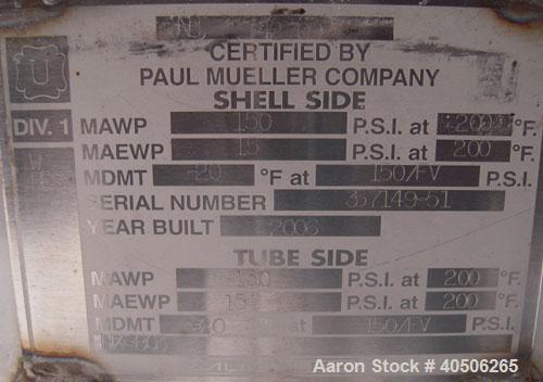 Unused- Mueller Single Pass Shell and Tube Heat Exchanger, 42 square feet, horizontal. Tema Type BEM, Tema Size 6-96, Tema Class C. 304 stainless steel shell rated 150 psi at 200 deg F and -20 deg F ...