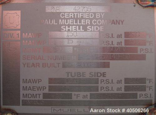 Unused- Mueller Single Pass Shell and Tube Heat Exchanger, 42 square feet, horizontal. Tema Type BEM, Tema Size 6-96, Tema Class C. 304 stainless steel shell rated 150 psi at 200 deg F and -20 deg F ...