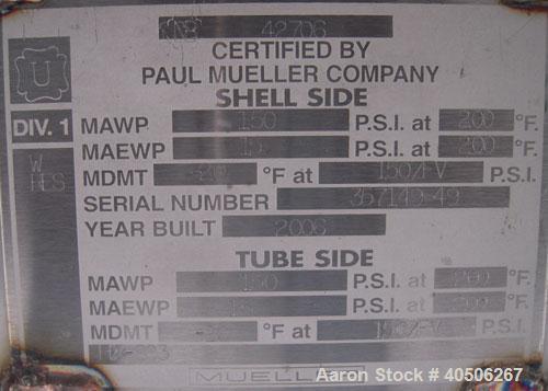 Unused- Mueller Single Pass Shell and Tube Heat Exchanger, 42 square feet, horizontal. Tema Type BEM, Tema Size 6-96, Tema C...