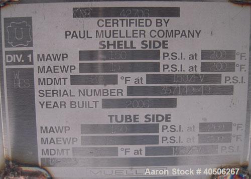 Unused- Mueller Single Pass Shell and Tube Heat Exchanger, 42 square feet, horizontal. Tema Type BEM, Tema Size 6-96, Tema Class C. 304 stainless steel shell rated 150 psi at 200 deg F and -20 deg F ...