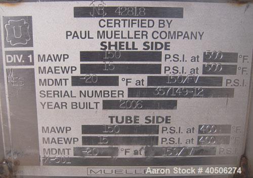 Unused- Mueller 4 Pass U Tube Shell and Tube Heat Exchanger, 175 square feet, horizontal. Tema Type BEU, Tema Size 10-192, Tema Class C. 304 stainless steel shell rated 150 psi at 500 deg F and -20 d...