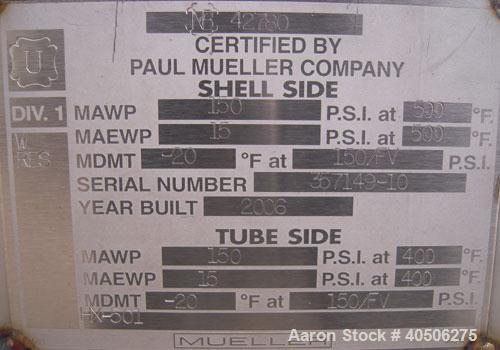 Unused- Mueller 4 Pass U Tube Shell and Tube Heat Exchanger, 175 square feet, horizontal. Tema Type BEU, Tema Size 10-192, Tema Class C. 304 stainless steel shell rated 150 psi at 500 deg F and -20 d...