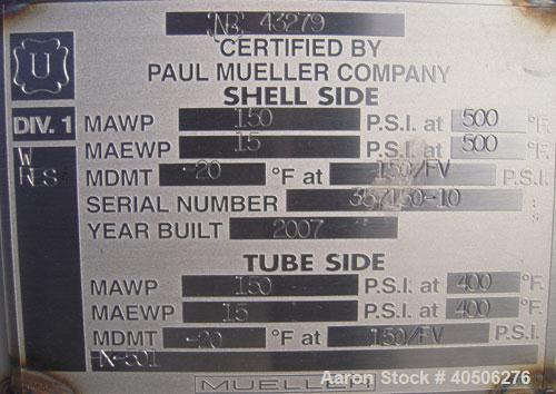 Unused- Mueller 4 Pass U Tube Shell and Tube Heat Exchanger, 175 square feet, horizontal. Tema Type BEU, Tema Size 10-192, Tema Class C. 304 stainless steel shell rated 150 psi at 500 deg F and -20 d...