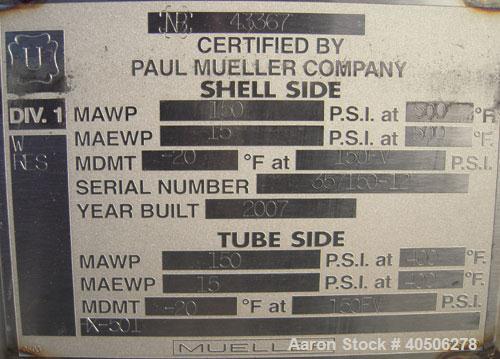 Unused- Mueller 4 Pass U Tube Shell and Tube Heat Exchanger, 175 square feet, horizontal. Tema Type BEU, Tema Size 10-192, Tema Class C. 304 stainless steel shell rated 150 psi at 500 deg F and -20 d...