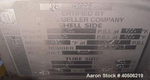 Unused- Mueller U Tube Shell and Tube Heat Exchanger, 56 square feet, horizontal. Tema Type BEU, Tema Size 6-192, Tema Class C. 304 stainless steel shell rated 150 psi at 600 deg F and -20 deg F at 1...