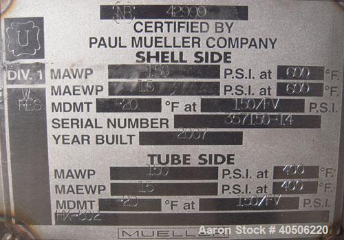Unused- Mueller U Tube Shell and Tube Heat Exchanger, 56 square feet, horizontal. Tema Type BEU, Tema Size 6-192, Tema Class C. 304 stainless steel shell rated 150 psi at 600 deg F and -20 deg F at 1...
