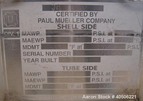 Unused- Mueller U Tube Shell and Tube Heat Exchanger, 56 square feet, horizontal. Tema Type BEU, Tema Size 6-192, Tema Class C. 304 stainless steel shell rated 150 psi at 600 deg F and -20 deg F at 1...