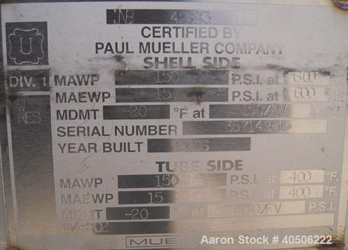 Unused- Mueller U Tube Shell and Tube Heat Exchanger, 56 square feet, horizontal. Tema Type BEU, Tema Size 6-192, Tema Class C. 304 stainless steel shell rated 150 psi at 600 deg F and -20 deg F at 1...