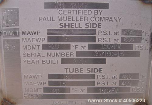 Unused- Mueller U Tube Shell and Tube Heat Exchanger, 56 square feet, horizontal. Tema Type BEU, Tema Size 6-192, Tema Class C. 304 stainless steel shell rated 150 psi at 600 deg F and -20 deg F at 1...