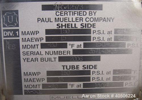 Unused- Mueller U Tube Shell and Tube Heat Exchanger, 56 square feet, horizontal. Tema Type BEU, Tema Size 6-192, Tema Class C. 304 stainless steel shell rated 150 psi at 600 deg F and -20 deg F at 1...