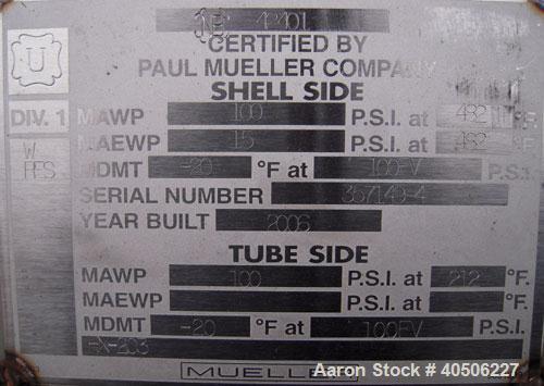 Unused- Mueller U Tube Heat Exchanger, 18 Square Feet, Horizontal. STI Tema Type BEU, Tema Size 8-48, Tema Class C. 304 stainless steel shell rated 100 psi at 482 deg F and -20 deg F at 100/fv psi. (...