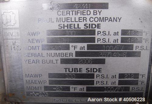 Unused- Mueller U Tube Heat Exchanger, 18 Square Feet, Horizontal. STI Tema Type BEU, Tema Size 8-48, Tema Class C. 304 stainless steel shell rated 100 psi at 482 deg F and -20 deg F at 100/fv psi. (...