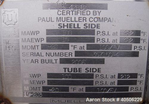Unused- Mueller U Tube Heat Exchanger, 18 Square Feet, Horizontal. STI Tema Type BEU, Tema Size 8-48, Tema Class C. 304 stainless steel shell rated 100 psi at 482 deg F and -20 deg F at 100/fv psi. (...
