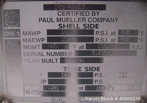 Unused- Mueller U Tube Heat Exchanger, 18 Square Feet, Horizontal. STI Tema Type BEU, Tema Size 8-48, Tema Class C. 304 stainless steel shell rated 100 psi at 482 deg F and -20 deg F at 100/fv psi. (...