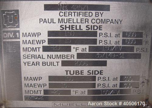 Unused- Mueller 4 Pass U Tube Shell and Tube Heat Exchanger, 25 square feet, horizontal. Tema Type BEU, Tema Size 6-96, Tema Class C. 304 stainless steel shell rated 150 psi at 600 deg F and -20 deg ...