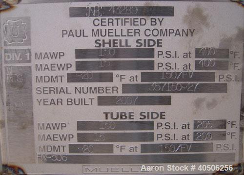 Unused- Mueller U Tube Shell and Tube Heat Exchanger, 56 square feet, horizontal. Tema Type BEU, Tema Size 8-96, Tema Class C. 304 stainless steel shell rated 150 psi at 400 deg F and -20 deg F at 15...