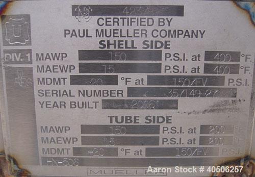Unused- Mueller U Tube Shell And Tube Heat Exchanger, 56 square feet, Horizontal. Tema Type BEU, Tema Size 8-96, Tema Class C. 304 stainless steel shell rated 150 psi at 400 deg.f., and -20 deg.f. at...