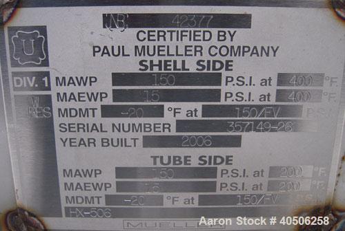 Unused- Mueller U Tube Shell and Tube Heat Exchanger, 56 square feet, horizontal. Tema Type BEU, Tema Size 8-96, Tema Class C. 304 stainless steel shell rated 150 psi at 400 deg F and -20 deg F at 15...
