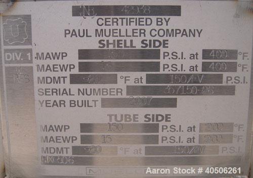 Unused- Mueller U Tube Shell and Tube Heat Exchanger, 56 square feet, horizontal. Tema Type BEU, Tema Size 8-96, Tema Class C. 304 stainless steel shell rated 150 psi at 400 deg F and -20 deg F at 15...