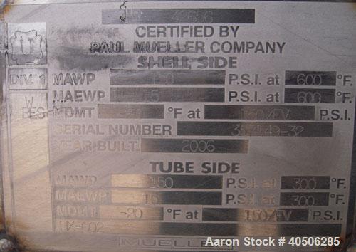 Unused- Mueller 4 Pass U Tube Shell And Tube Heat Exchanger, 25 square feet, Horizontal. Tema Type BEU, Tema Size 6-96, Tema Class C. 304 stainless steel shell rated 150 psi at 600 deg.f., and -20 de...
