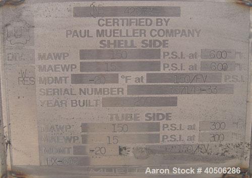 Unused- Mueller 4 Pass U Tube Shell And Tube Heat Exchanger, 25 square feet, Horizontal. Tema Type BEU, Tema Size 6-96, Tema Class C. 304 stainless steel shell rated 150 psi at 600 deg.f., and -20 de...