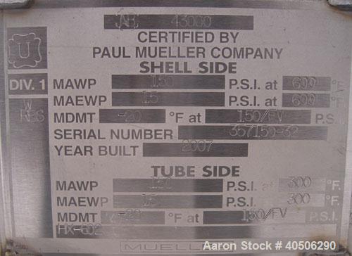 Unused- Mueller 4 Pass U Tube Shell And Tube Heat Exchanger, 25 square feet, Horizontal. Tema Type BEU, Tema Size 6-96, Tema...