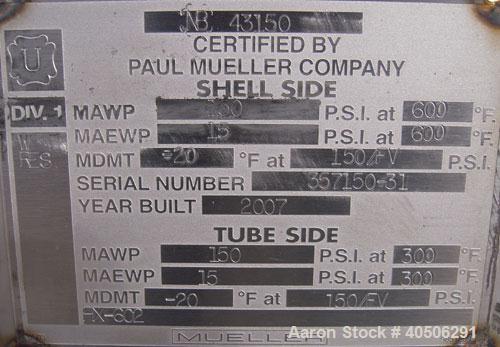 Unused- Mueller 4 Pass U Tube Shell and Tube Heat Exchanger, 25 square feet, horizontal. Tema Type BEU, Tema Size 6-96, Tema Class C. 304 stainless steel shell rated 150 psi at 600 deg F and -20 deg ...