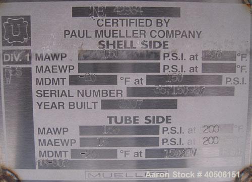 Unused- Mueller Single Pass Shell and Tube Heat Exchanger, 77 square feet, horizontal. STI Tema Type BEU, Tema Size 8-108, Tema Class C. SA53 carbon steel shell rated 150 psi at 200 deg F, and -20 de...