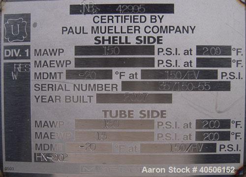 Unused- Mueller Single Pass Shell and Tube Heat Exchanger, 77 square feet, horizontal. STI Tema Type BEU, Tema Size 8-108, Tema Class C. SA53 carbon steel shell rated 150 psi at 200 deg F, and -20 de...