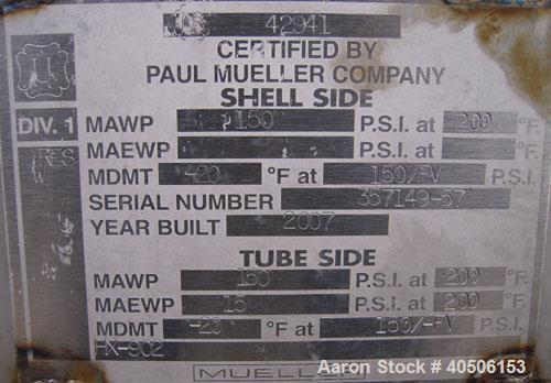Unused- Mueller Single Pass Shell and Tube Heat Exchanger, 77 square feet, horizontal. STI Tema Type BEU, Tema Size 8-108, Tema Class C. SA53 carbon steel shell rated 150 psi at 200 deg F, and -20 de...