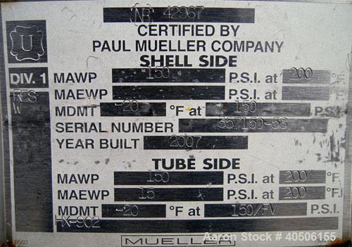 Unused- Mueller Single Pass Shell and Tube Heat Exchanger, 77 square feet, horizontal. STI Tema Type BEU, Tema Size 8-108, Tema Class C. SA53 carbon steel shell rated 150 psi at 200 deg F, and -20 de...