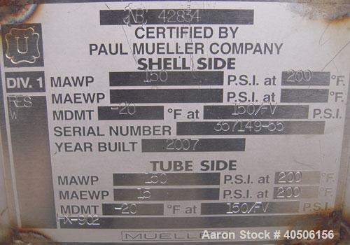 Unused- Mueller Single Pass Shell and Tube Heat Exchanger, 77 square Feet, horizontal. STI Tema Type BEU, Tema Size 8-108, Tema Class C. SA53 carbon steel shell rated 150 psi at 200 deg F and -20 deg...