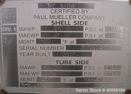 Unused- Mueller 6 Pass U Tube Shell and Tube Heat Exchanger, 84 square feet, horizontal. Tema Type BEU, Tema Size 8-216, Tema Class C. 304 stainless steel shell rated 150 psi at 300 deg F and -20 deg...